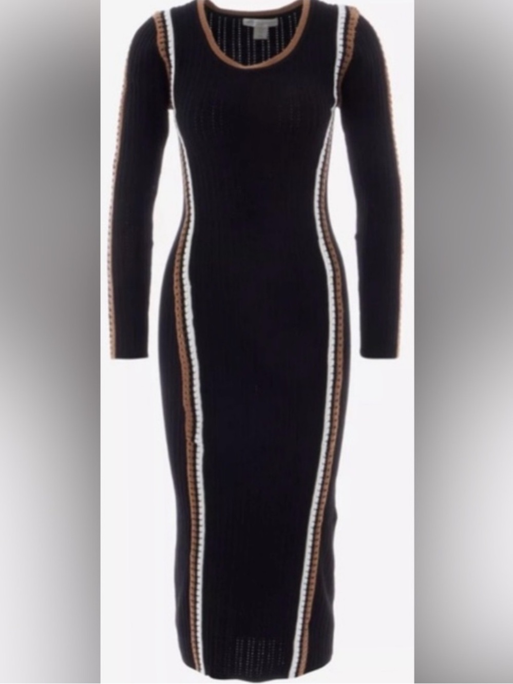CAMILA COELHO Long Sleeve Knit Bodycon Midi Dress Black Brown White Size XS